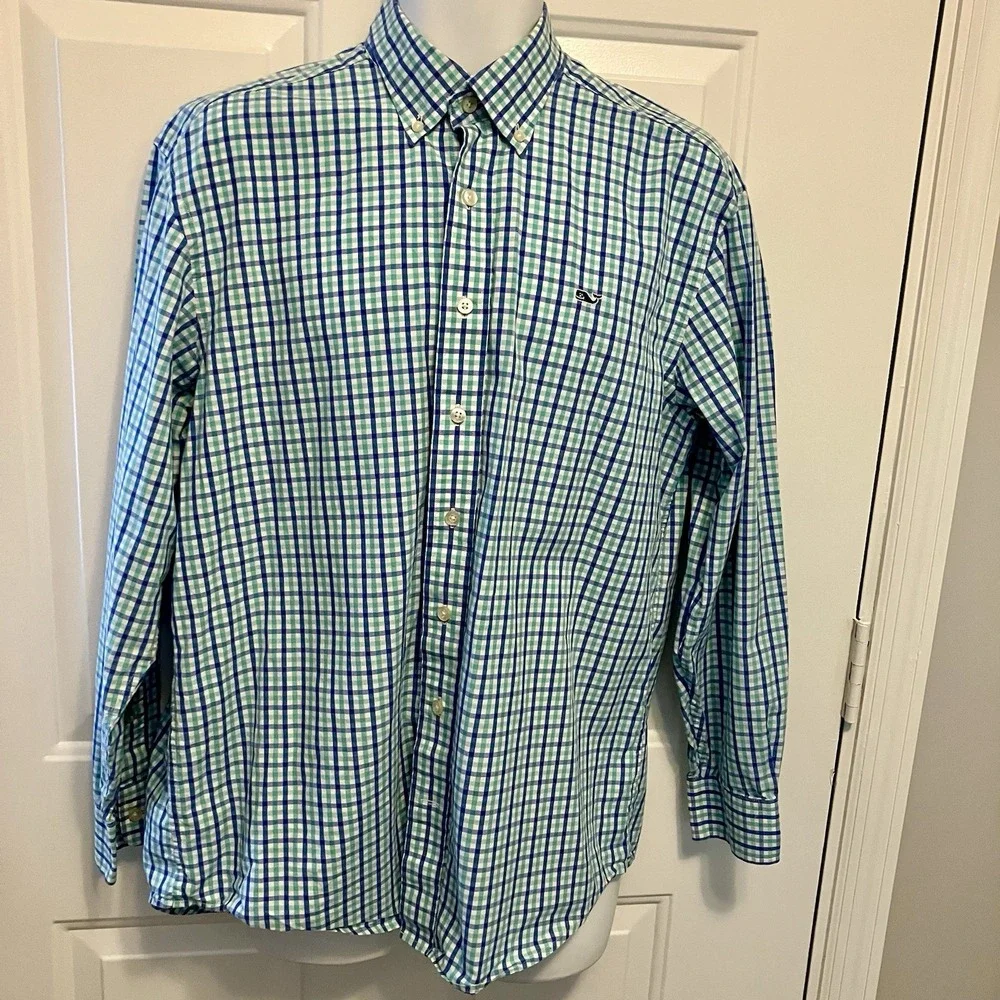 Vineyard Vines Sz Medium Whale Shirt Long‎ Sleeve Blue Plaid Button Up Men's